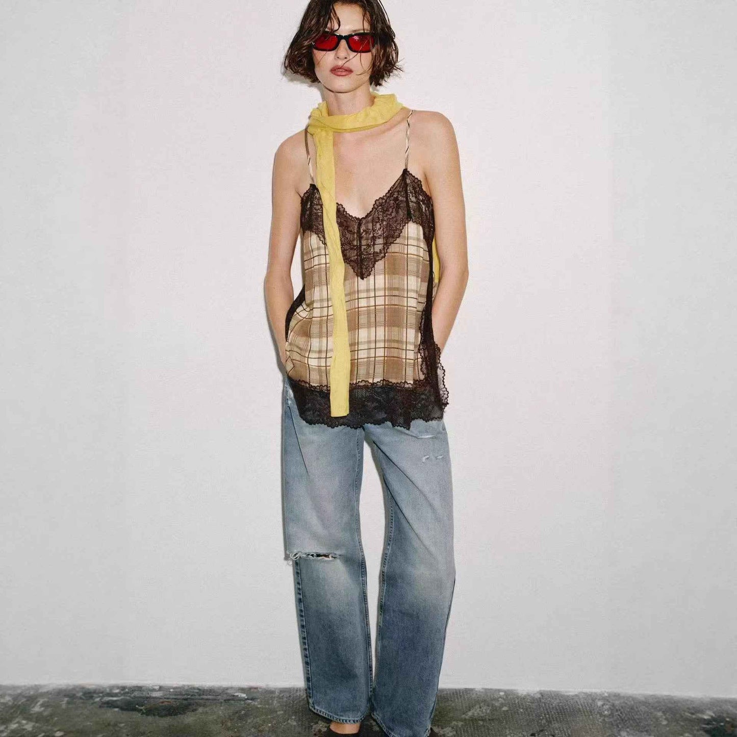 V-neck Plaid Lace Camisole Top