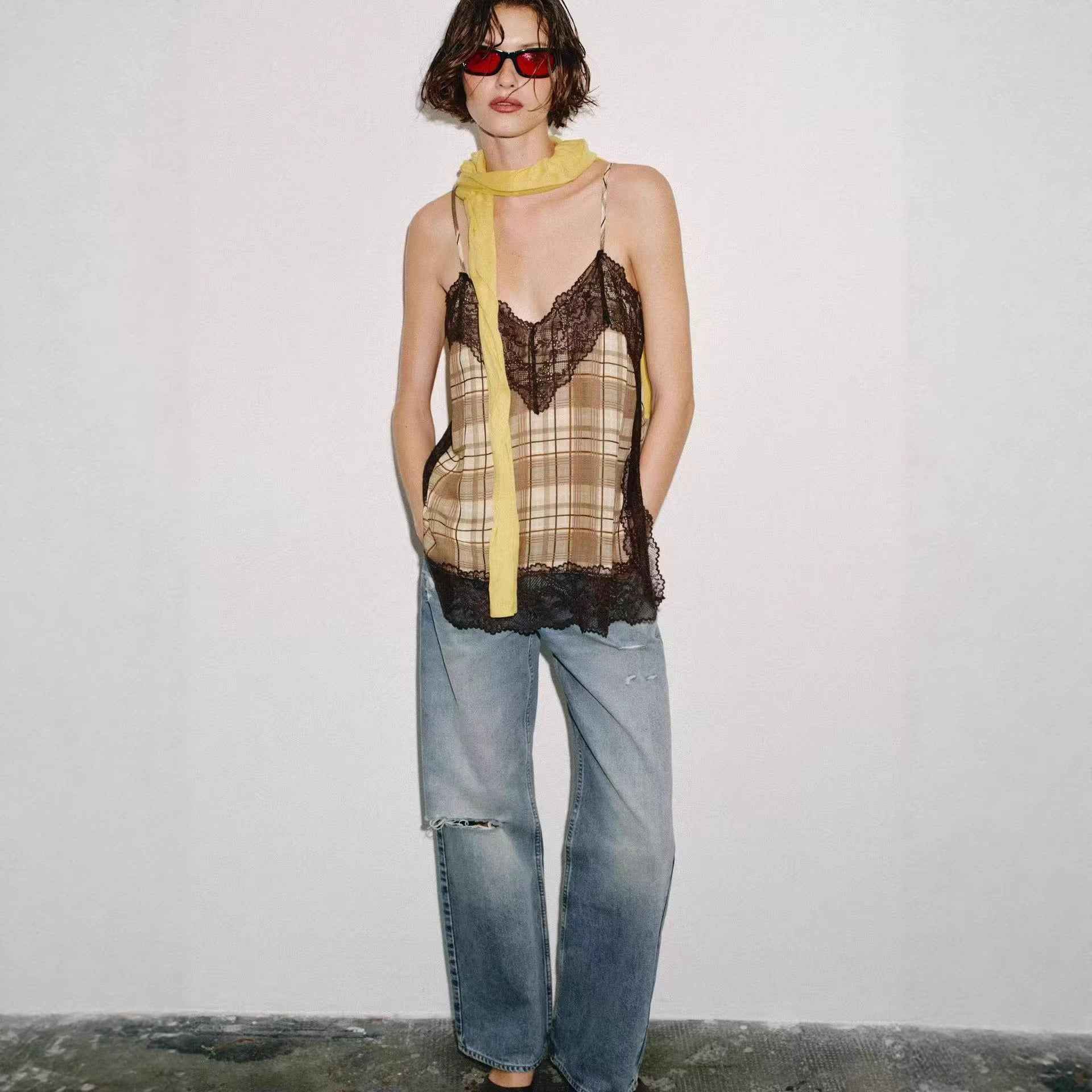 V-neck Plaid Lace Camisole Top