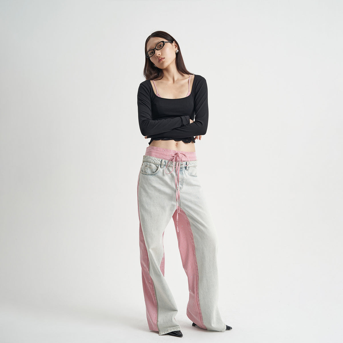 Patchwork Pink Plaid Women's Jeans