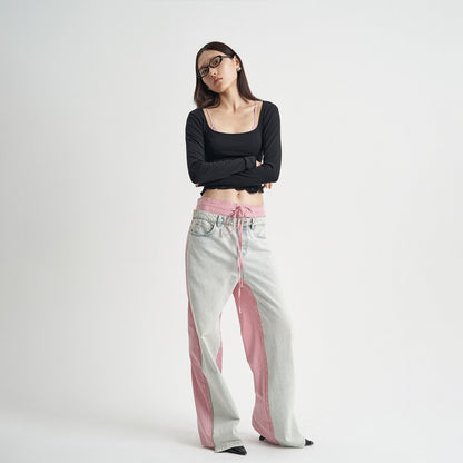 Patchwork Pink Plaid Women's Jeans