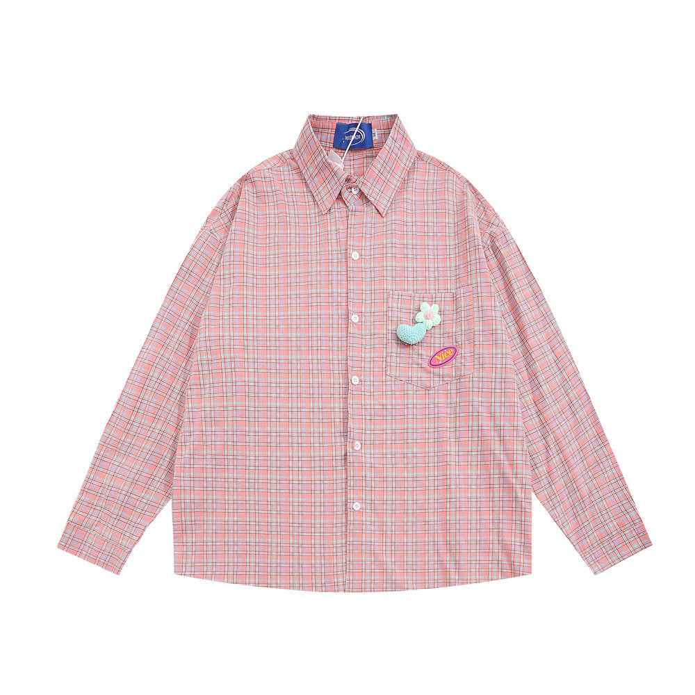 Fine Plaid Long-sleeved Shirt For Women Pink null