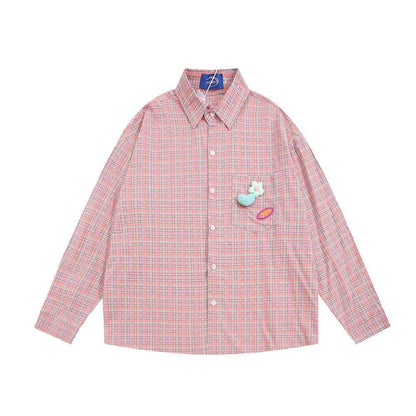 Fine Plaid Long-sleeved Shirt For Women Pink null