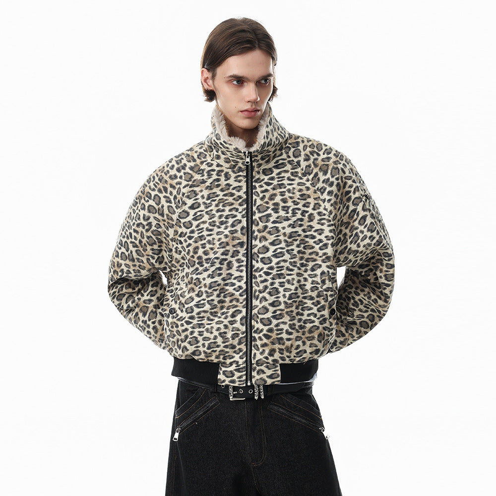 Punk Street Style Reversible Faux Fur Stand Collar Loose Fit Men's Leopard Print Winter Cotton Coat
