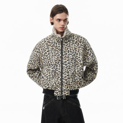 Punk Street Style Reversible Faux Fur Stand Collar Loose Fit Men's Leopard Print Winter Cotton Coat
