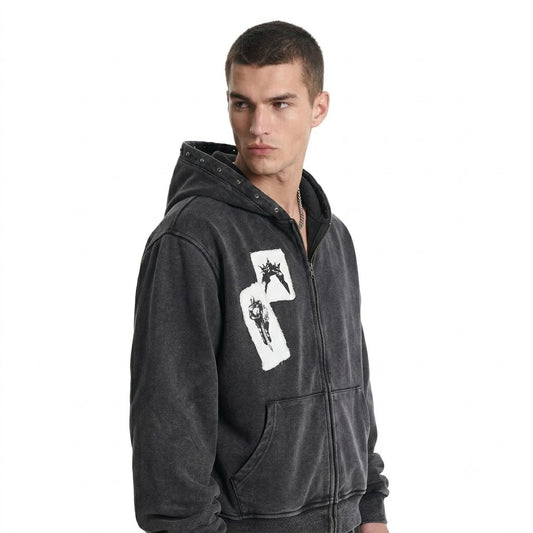 Distressed Washed Studs Patch Zipper Hoodie for Men | MuddyStock Originals