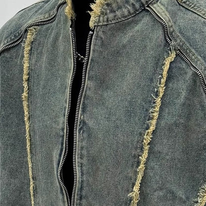 Retro deconstruction fringed washed denim jacket
