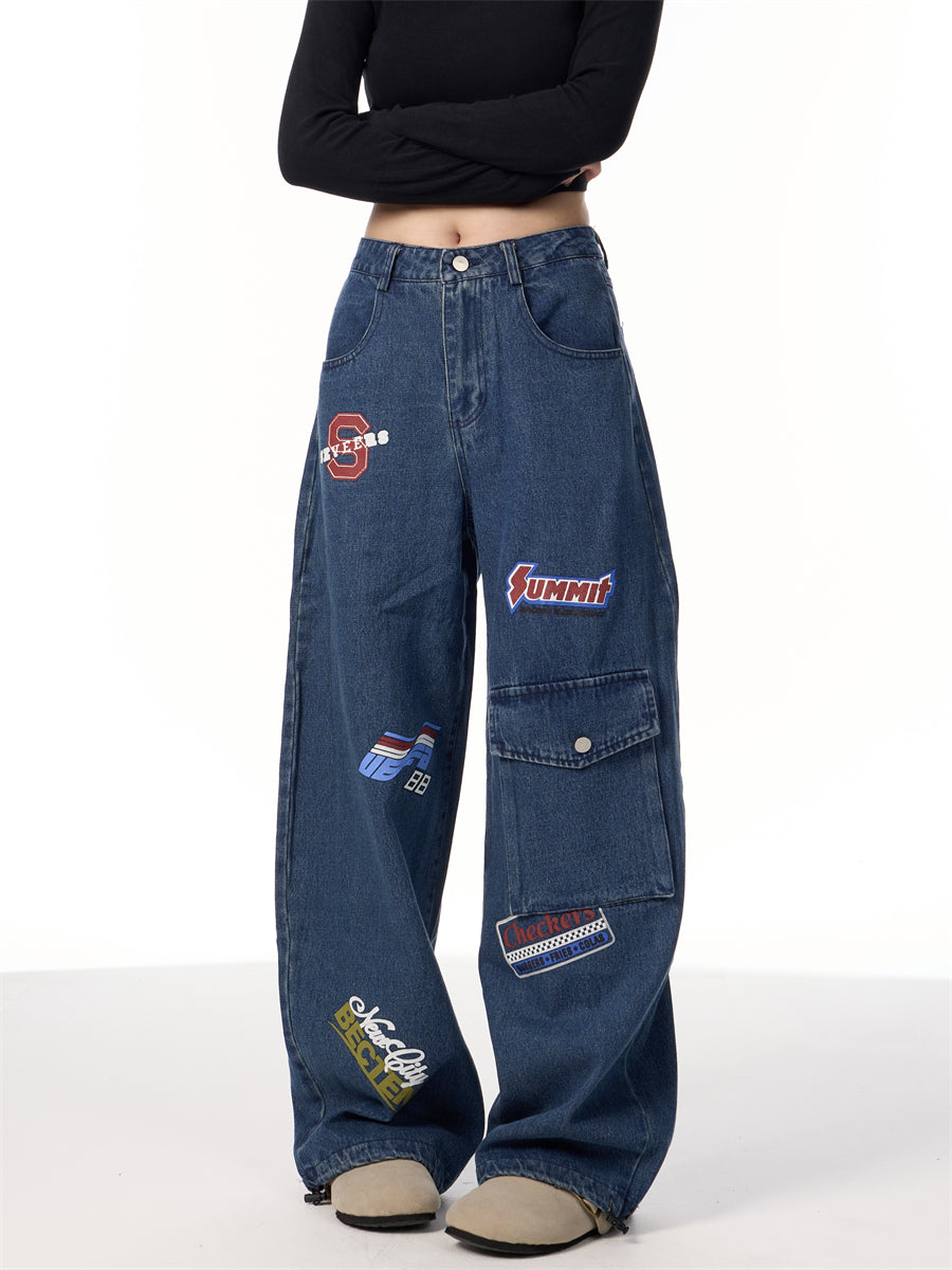 American Retro Stamp Printing Cargo Jeans MuddyStock