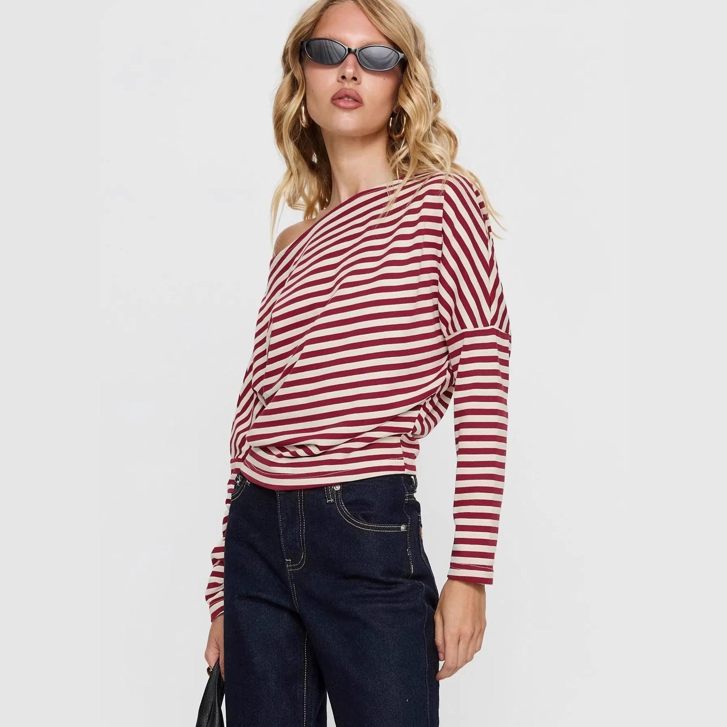 Women's Contrasting-Color Striped Slant-Neck Long-Sleeve Top