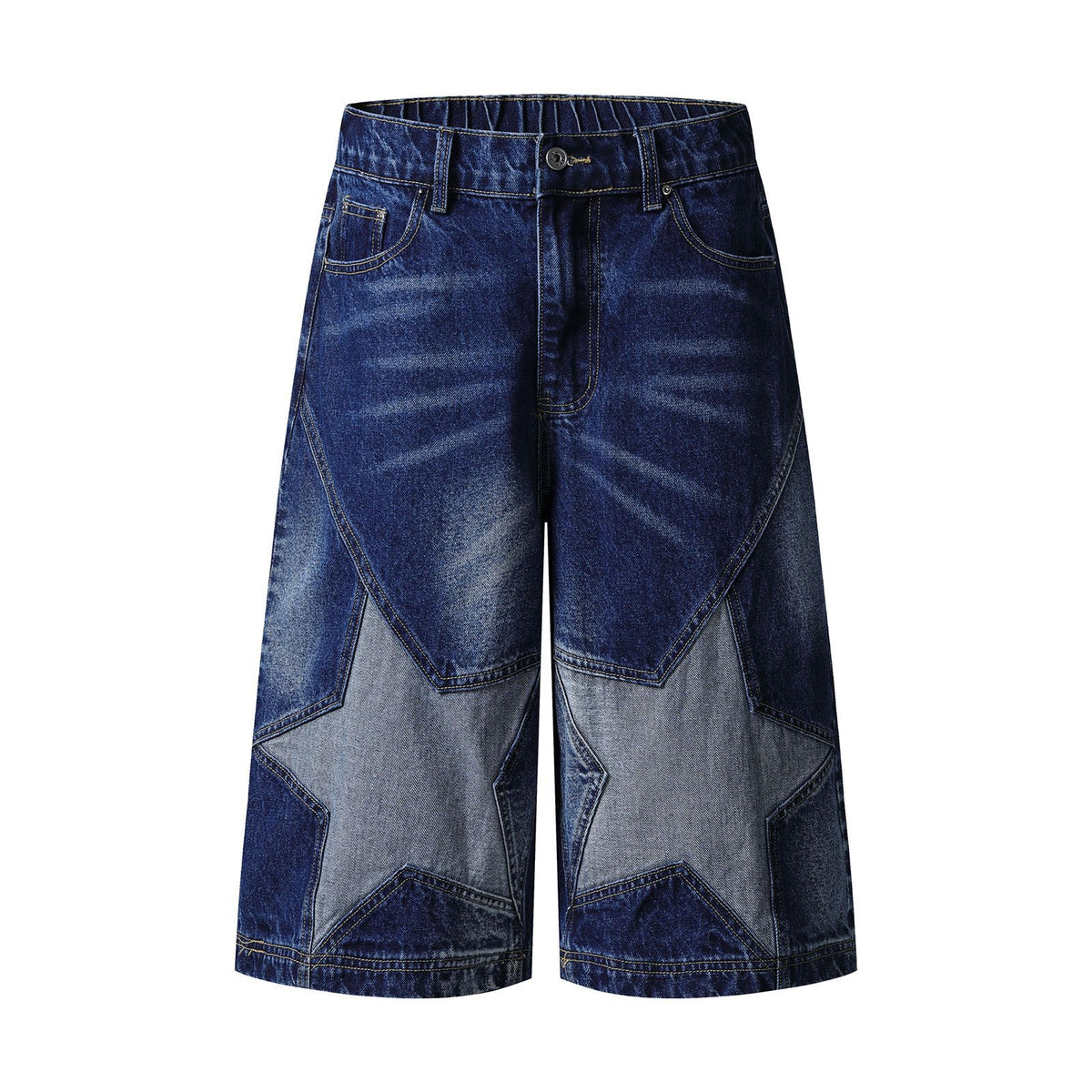 Street Washed Retro Design Star Patchwork Seven-Quarter Denim Pants Unisex Cool Casual Shorts