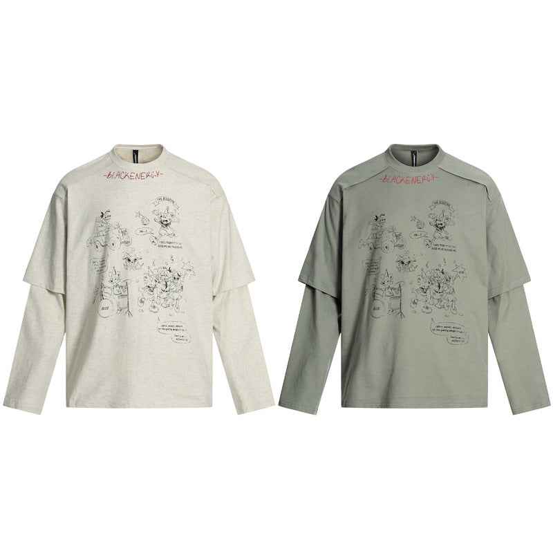 Cartoon Print Fake Two-Piece Long Sleeve T-Shirt For Men And Women | MuddyStock Originals MuddyStock