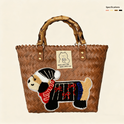 Large capacity sausage dog hand woven cabbage basket bag Bamboo Node - Vintage Brown Bow Dog (with lining)
