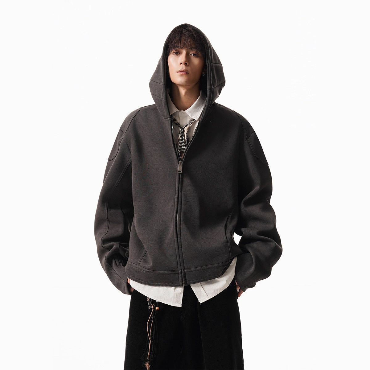 Cleanfit Short Crop Heavyweight Hoodie Jacket for Men Autumn Loose Oversized Hooded Zip-Up Sweatshirt with Regular Shoulders eprolo