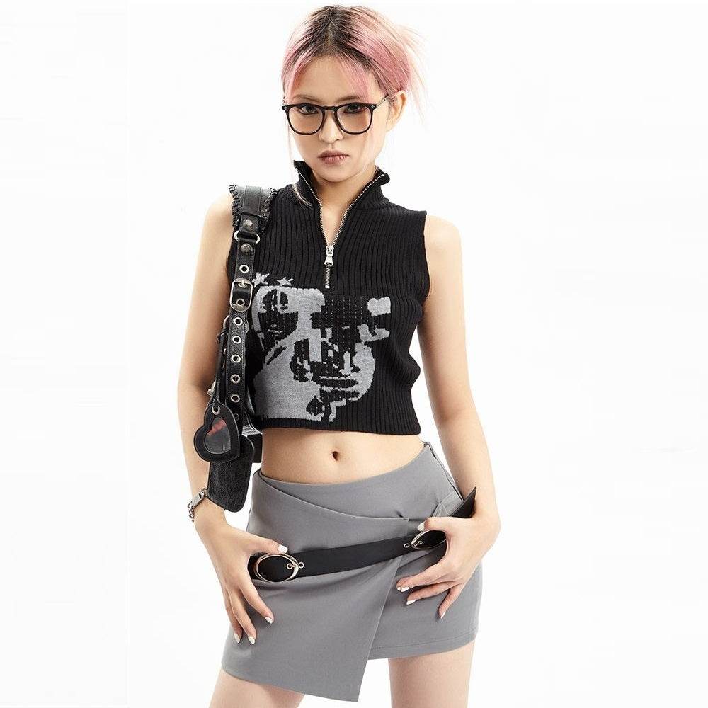 Women's Summer Short Turtleneck Sleeveless Vest Black MuddyStock