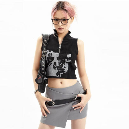 Women's Summer Short Turtleneck Sleeveless Vest Black MuddyStock