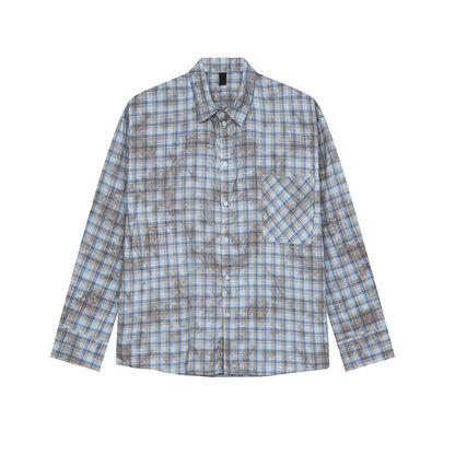Men's Vintage Tie-dye Plaid Long-sleeved Shirt Blue MuddyStock