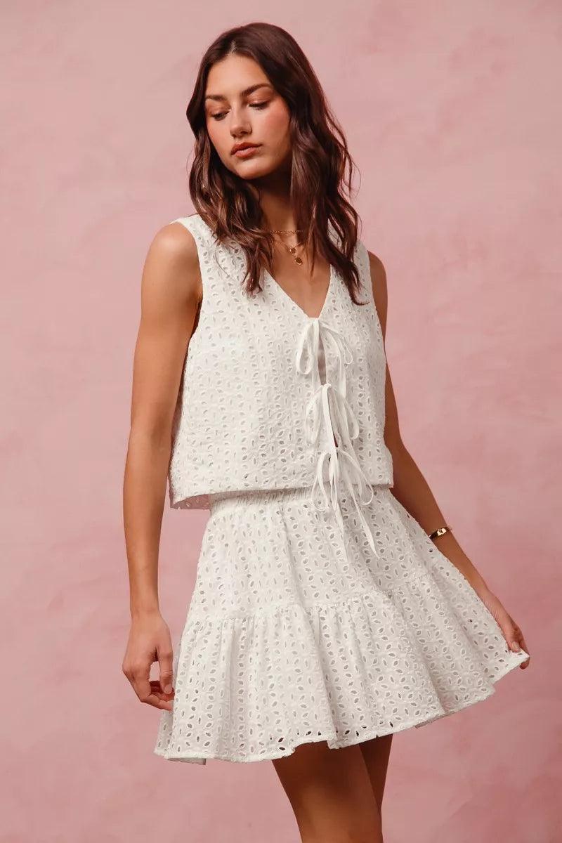 Floral Eyelet Lace Tie Front Vest Top and Tiered Mini Skirt Set