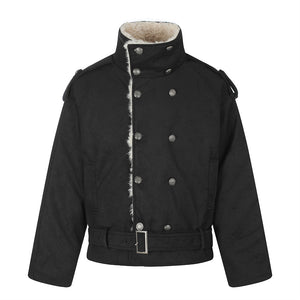 Double-Breasted Stand Collar Belted Relaxed Fit Men's Cotton Jacket Black