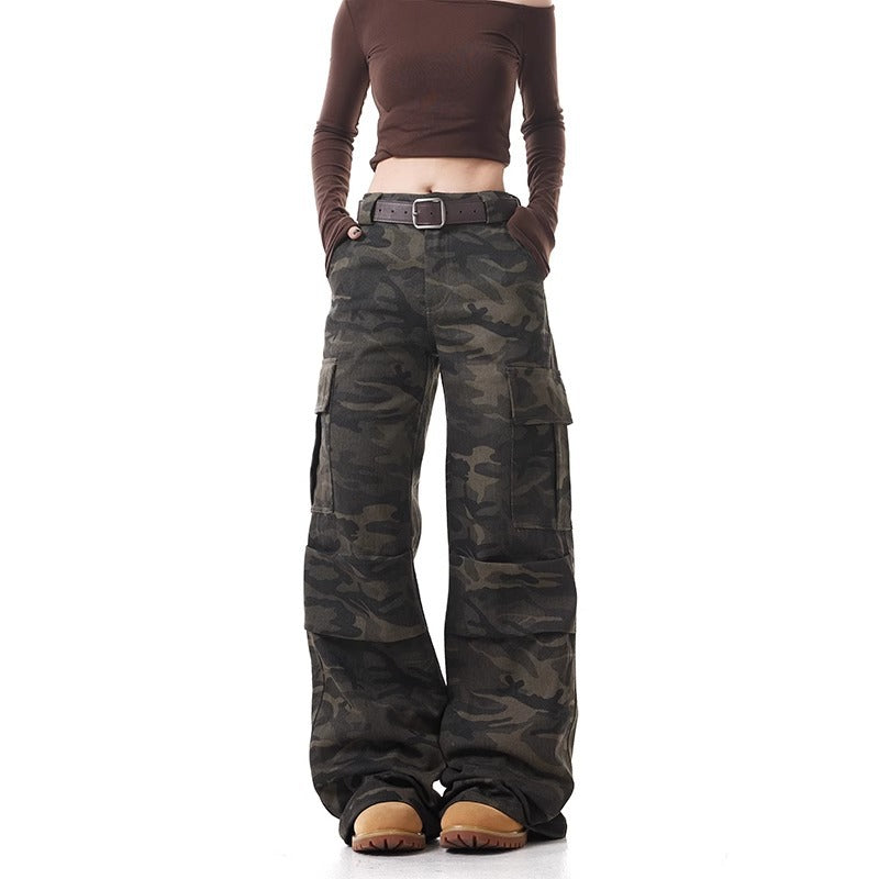 Washed Distressed Camouflage Cargo Jeans Women Vintage Loose Straight Leg Casual Flared Floor-Length Pants