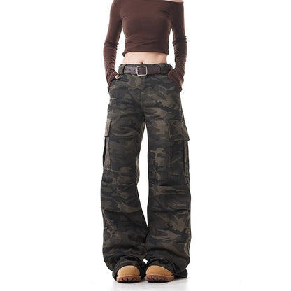 Washed Distressed Camouflage Cargo Jeans Women Vintage Loose Straight Leg Casual Flared Floor-Length Pants