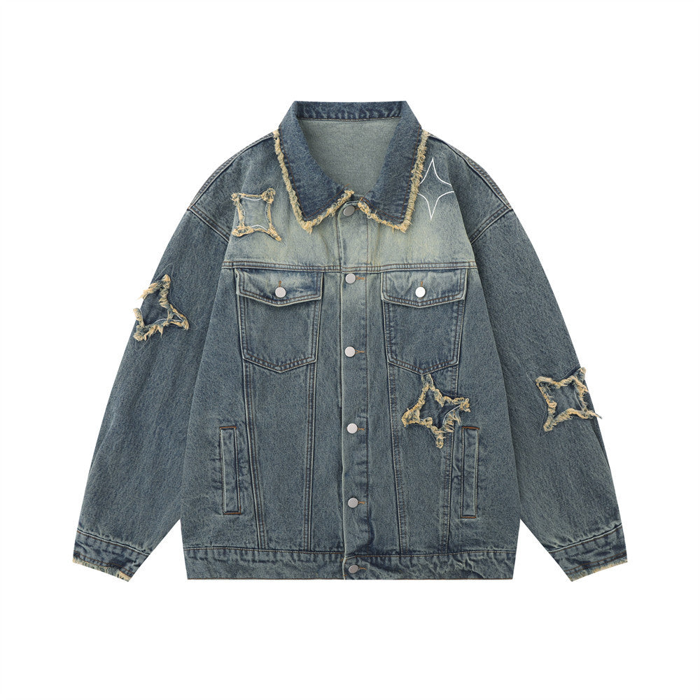 Five-pointed Star Patch Cat Beard Denim Washed Distressed Jacket For Women MuddyStock null