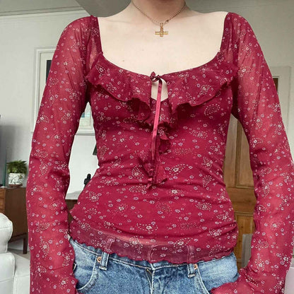 Jacquard square neck floral ruffle top for women | MuddyStock Originals MuddyStock