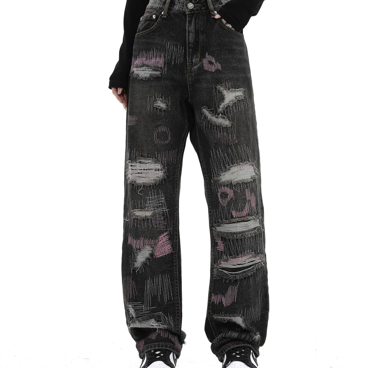 Men's Straight Jeans With Holes Black All Products