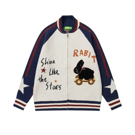 Retro cartoon rabbit letter jacquard knitted loose jacket for men and women | MuddyStock Originals Apricot MuddyStock