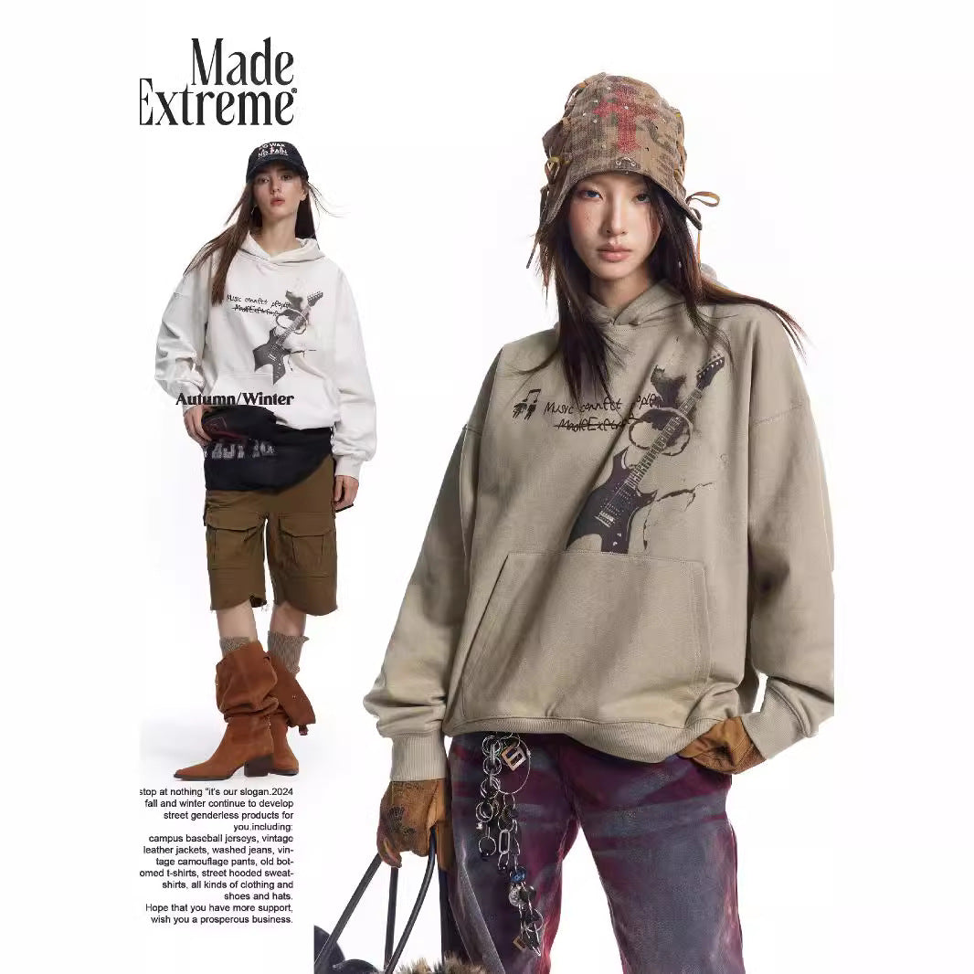 Rock Guitar Print Faded Hoodie Unique Lazy Pullover Jacket eprolo