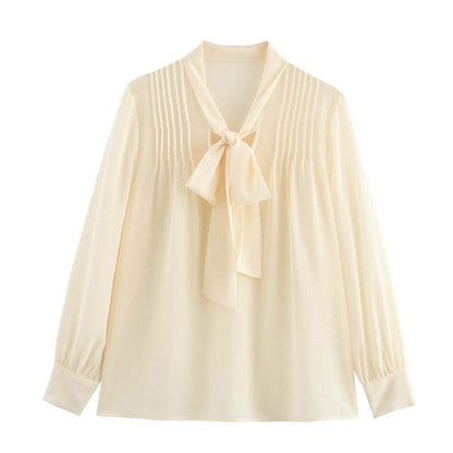 Long Sleeve Thin Top V-neck Apricot Bow Design MuddyStock