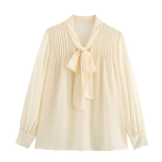 Long Sleeve Thin Top V-neck Apricot Bow Design MuddyStock