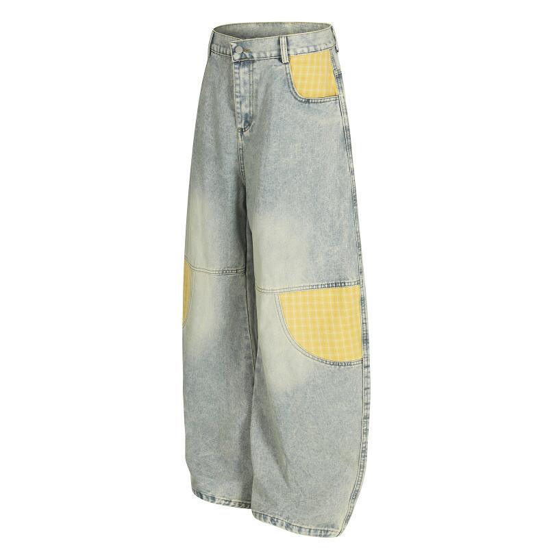 Men's Retro Plaid Patchwork Bootcut Jeans All Products