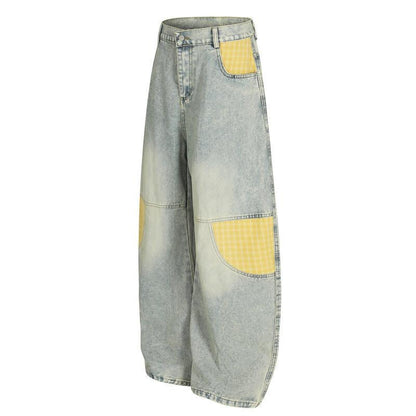 Men's Retro Plaid Patchwork Bootcut Jeans All Products