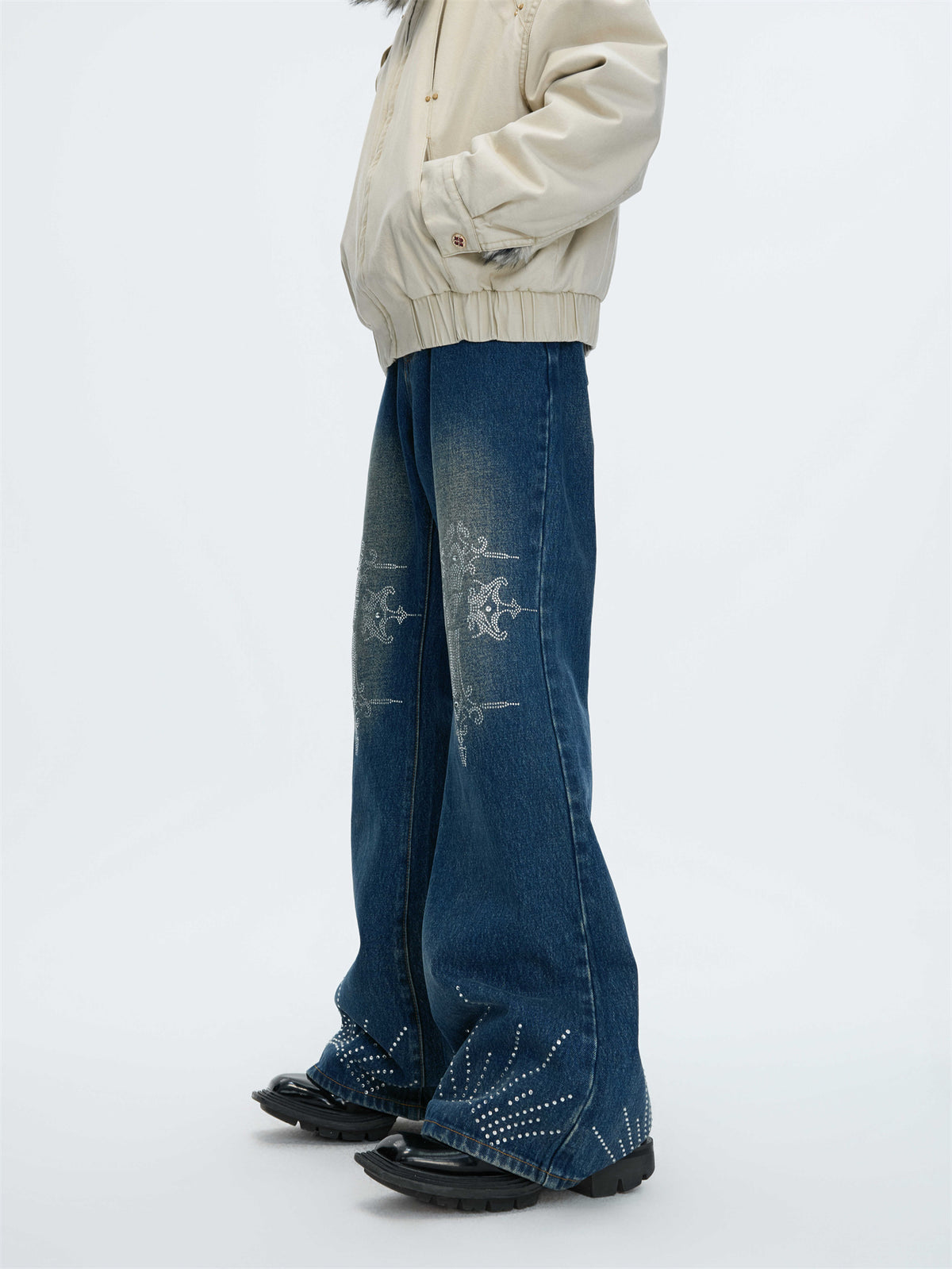 Water-washed Rhinestone Jeans With A Slight Flare For Men All Products