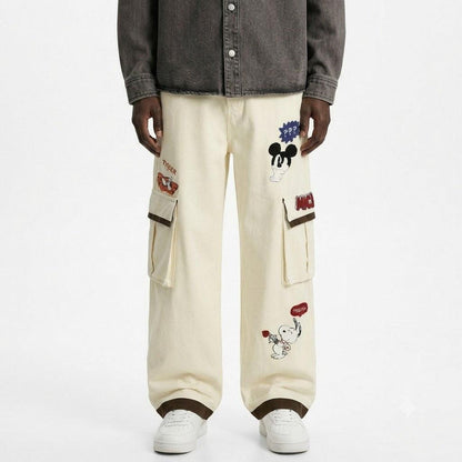 Retro cartoon embroidery patchwork workwear casual pants for men | MuddyStock Originals