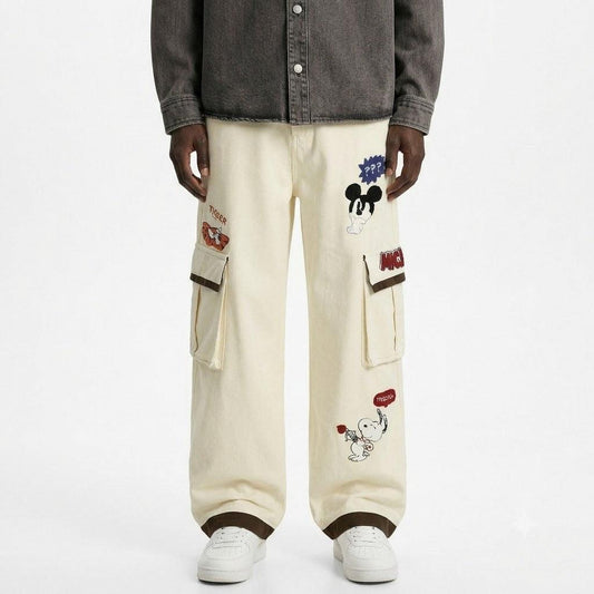 Retro cartoon embroidery patchwork workwear casual pants for men | MuddyStock Originals