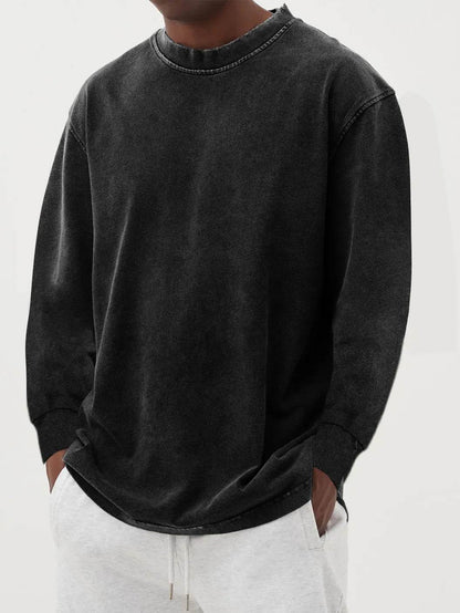 Washed Old Solid Color Men's Long-sleeved T-shirt Black MuddyStock