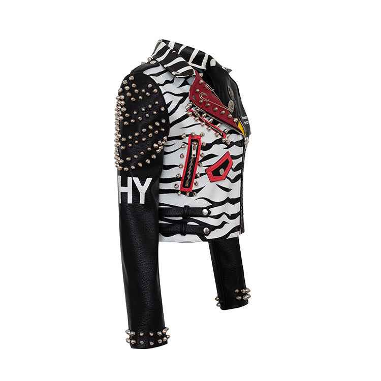 European And American Graffiti Slim Leather Jacket For Women