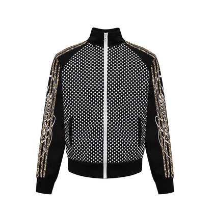 Men's All-Over Polka Dot Print Stand Collar Open Front Athletic Jacket with Three Stripes Webbing Black Polka Dot