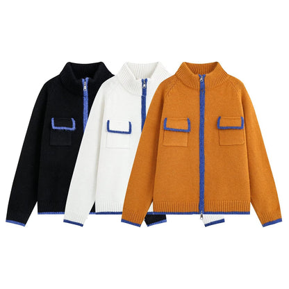Relaxed Knit Zipper Stand Collar Cropped Color Block Cardigan Jacket
