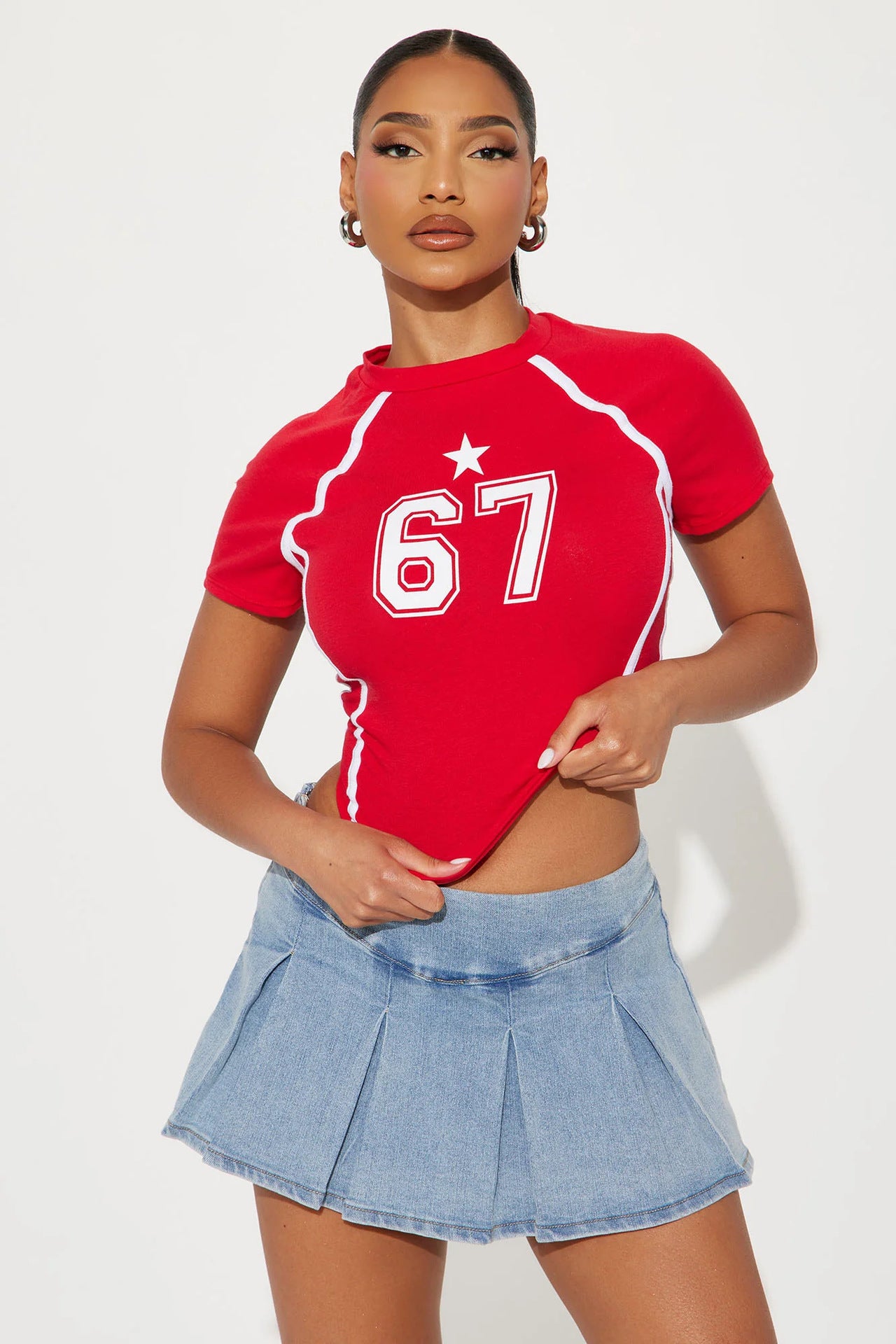 Women's Round Neck Letter Print Short Sleeve Fitted Crop Top | MuddyStock Originals Red MuddyStock