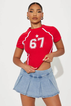 Women's Round Neck Letter Print Short Sleeve Fitted Crop Top | MuddyStock Originals Red