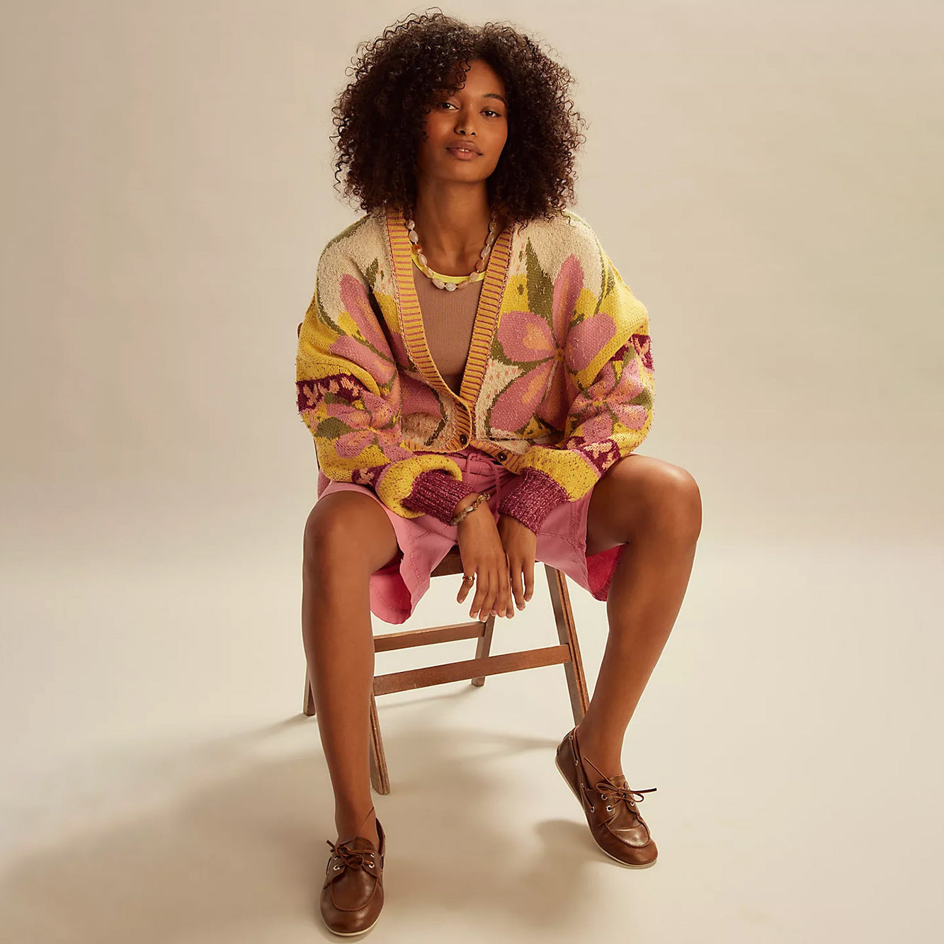 Fashion Abstract Print Lapel Loose Long Sleeve Women's Sweater Knitwear