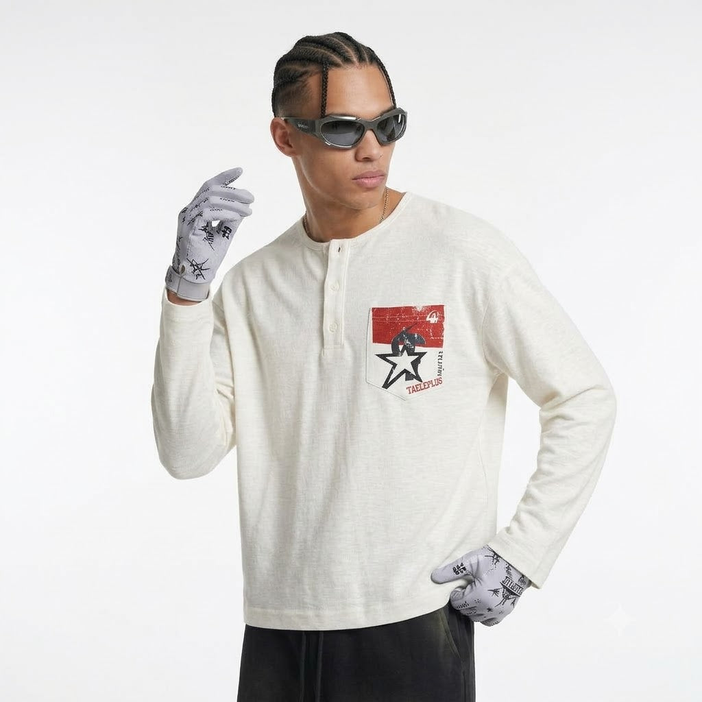 Flag Print Long Sleeve Henley Neck Regular Fit T-Shirt For Men | MuddyStock Originals