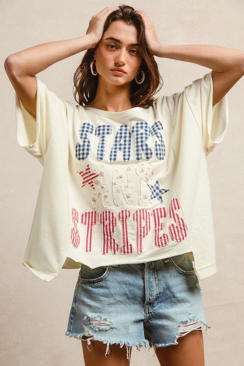 Mix And Match Stars And Stripes Patchwork Short Sleeve T-Shirt For Women