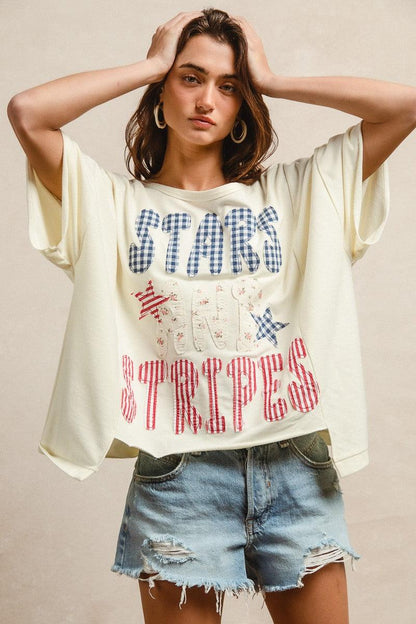 Mix And Match Stars And Stripes Patchwork Short Sleeve T-Shirt For Women