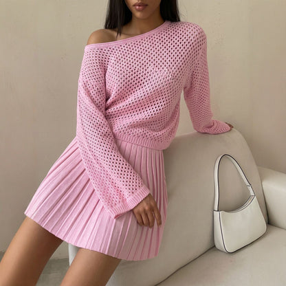 Hollow-out Knit Two-Piece Set Women Relaxed Sweater Pleated Mini Skirt