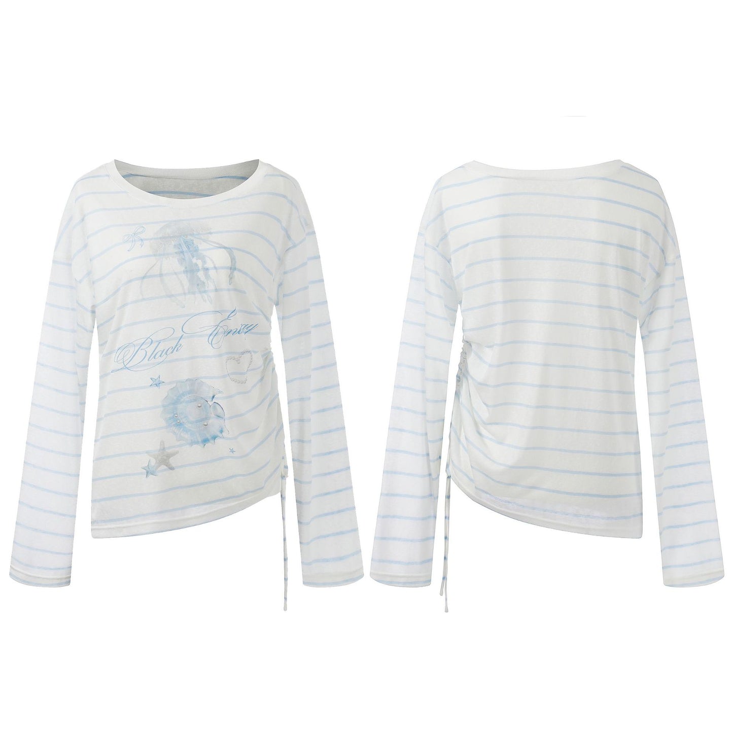 Stripe Jellyfish Print Loose Top for Women, Lightweight Side Drawstring Slimming Long Sleeve Shirt