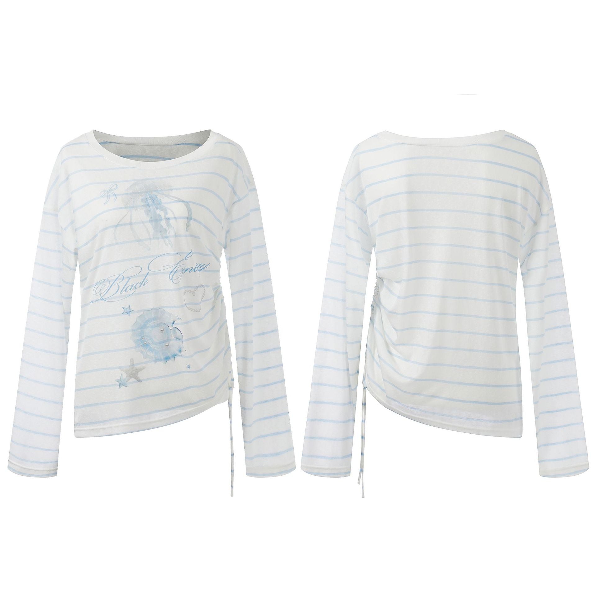 Stripe Jellyfish Print Loose Top for Women, Lightweight Side Drawstring Slimming Long Sleeve Shirt