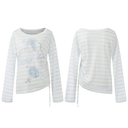 Stripe Jellyfish Print Loose Top for Women, Lightweight Side Drawstring Slimming Long Sleeve Shirt
