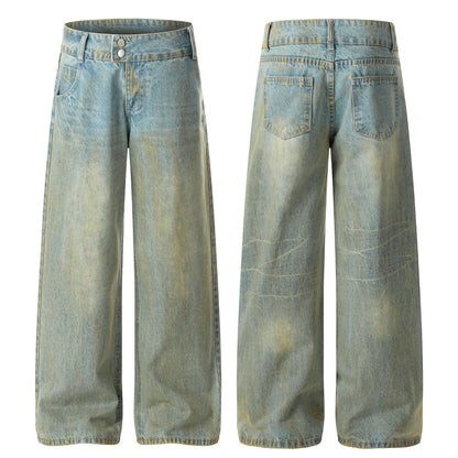 Vintage distressed dirty dyed yellow mud wide leg jeans for men | MuddyStoc Originals